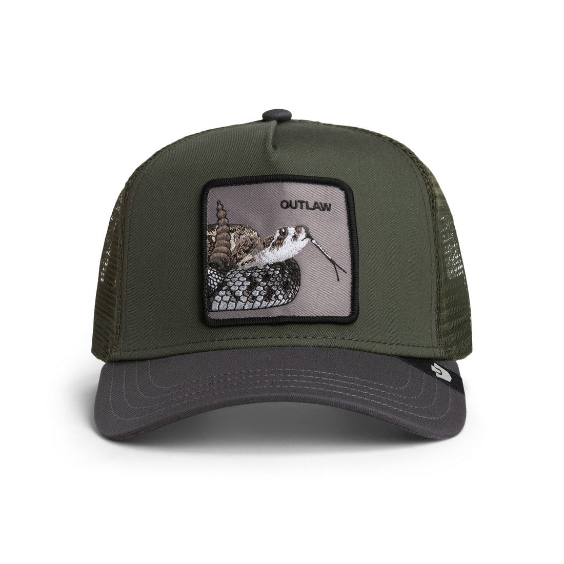Καπέλο jockey τύπου trucker Goorin Bros σε λαδί χρώμα, με πίσω μέρος από δίχτυ και κεντημένο patch με φίδι και τη λέξη "Outlaw".