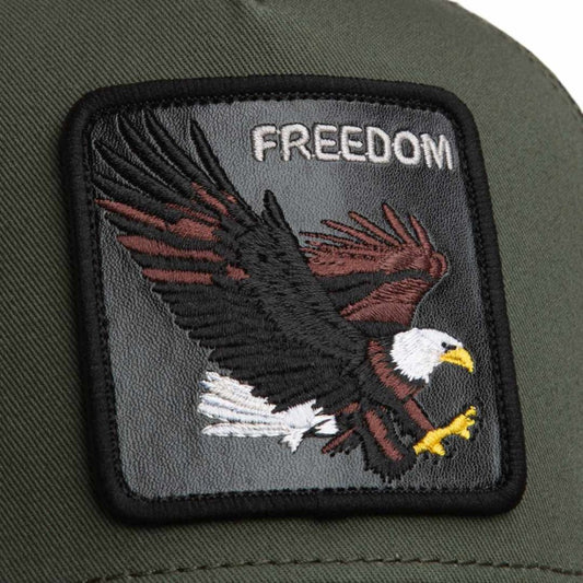 Καπέλο τύπου trucker Goorin Bros σε λαδί χρώμα με κεντημένο patch αετού και τη λέξη "Freedom".