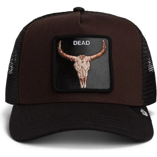 Μαύρο & Καφέ trucker καπέλο Goorin Bros. με κεντημένο patch νεκροκεφαλής (Dead Skull) και μαύρο δίχτυ