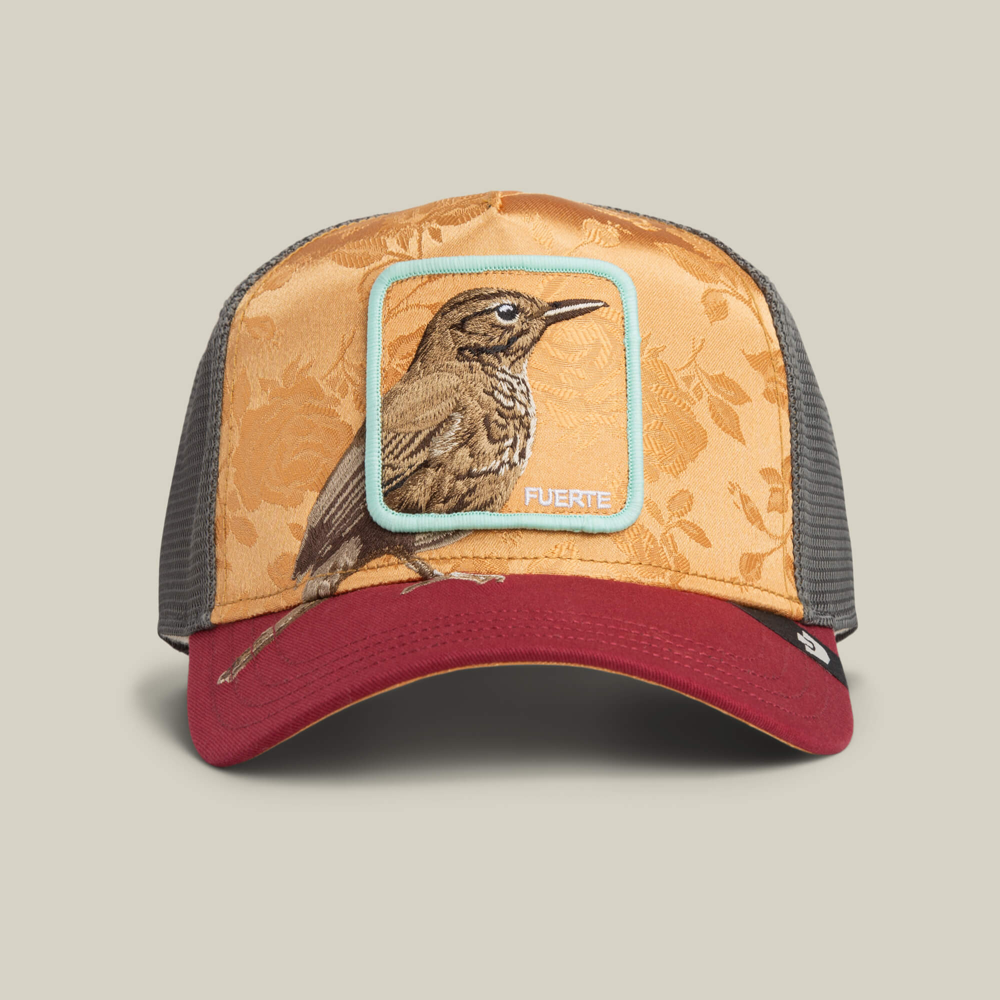 Αυθεντικό trucker καπέλο Goorin Bros. Costa Rica Thrush σε γκρι χρώμα με κεντημένο patch πουλί και μαύρο δίχτυ