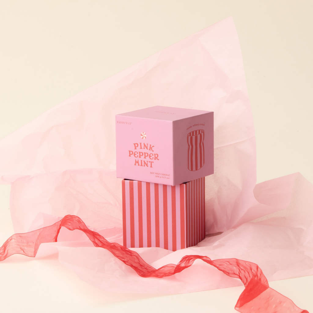 Κεραμικό κερί Cabana σε κόκκινο και ροζ ριγέ βάζο, αρωματισμένο με Pink Peppermint.