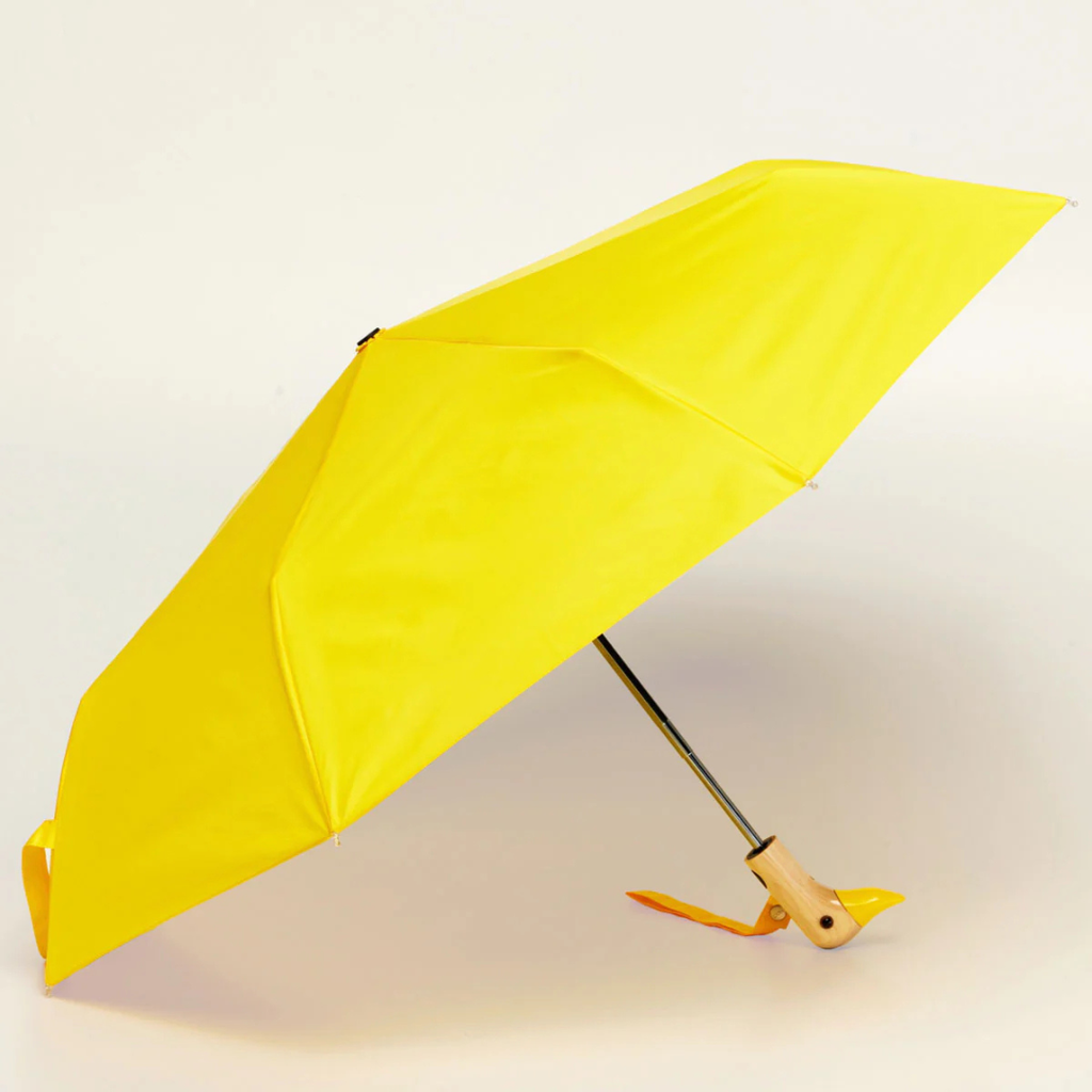 Yellow Duck Compact Umbrella με ξύλινη λαβή πάπιας και πολύχρωμο μοτίβο – The Ritual Project