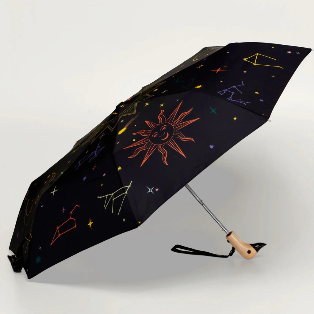 Zodiac Duck Compact Umbrella με ξύλινη λαβή πάπιας και πολύχρωμο μοτίβο – The Ritual Project