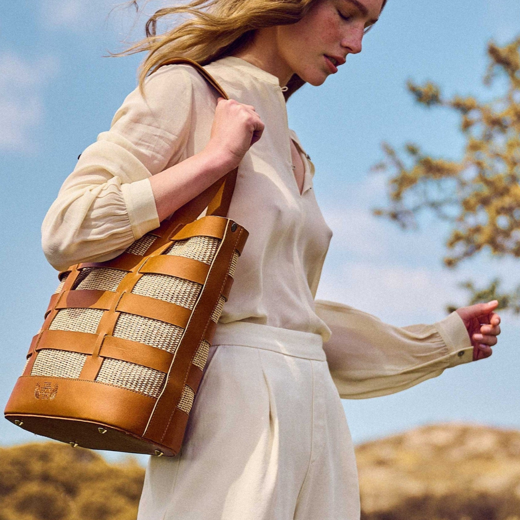 Nissos | Tote τσάντα ώμου από ψάθα & δέρμα