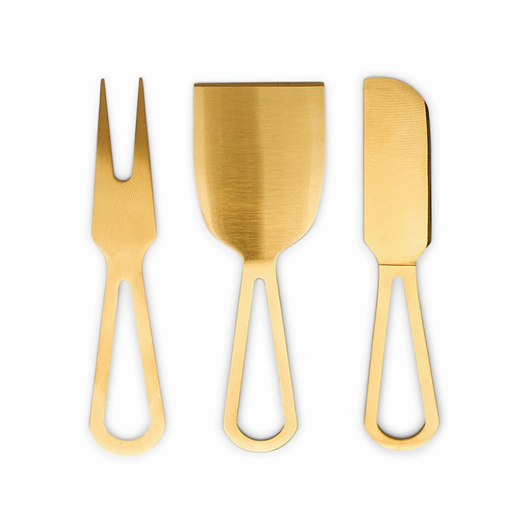 Λεπτομέρεια λεπίδας και λαβής από το σετ μαχαιριών τυριού The Jett με χρυσό φινίρισμα