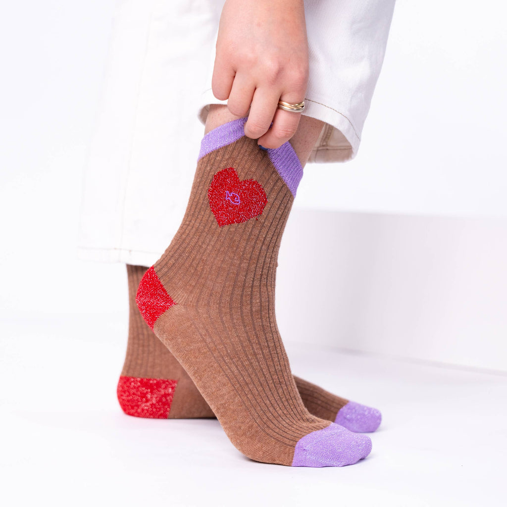 Combed cotton socks | Heart Brown and red