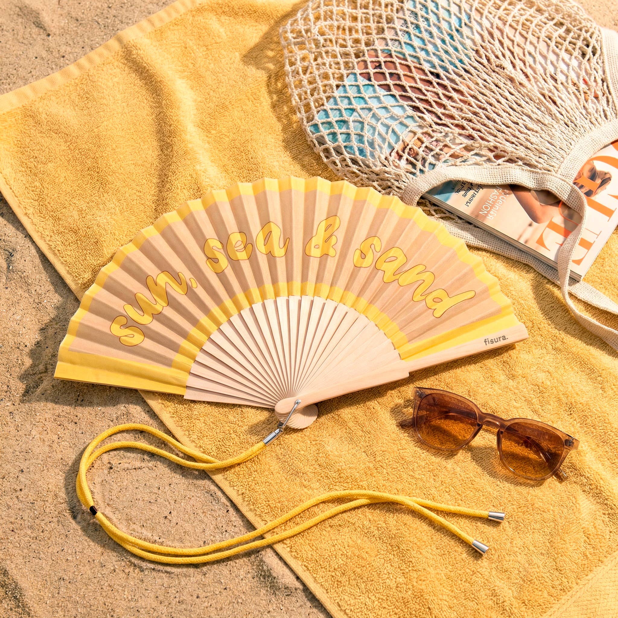 "Sun, Sea & Sand" fan | Wood & Fabric