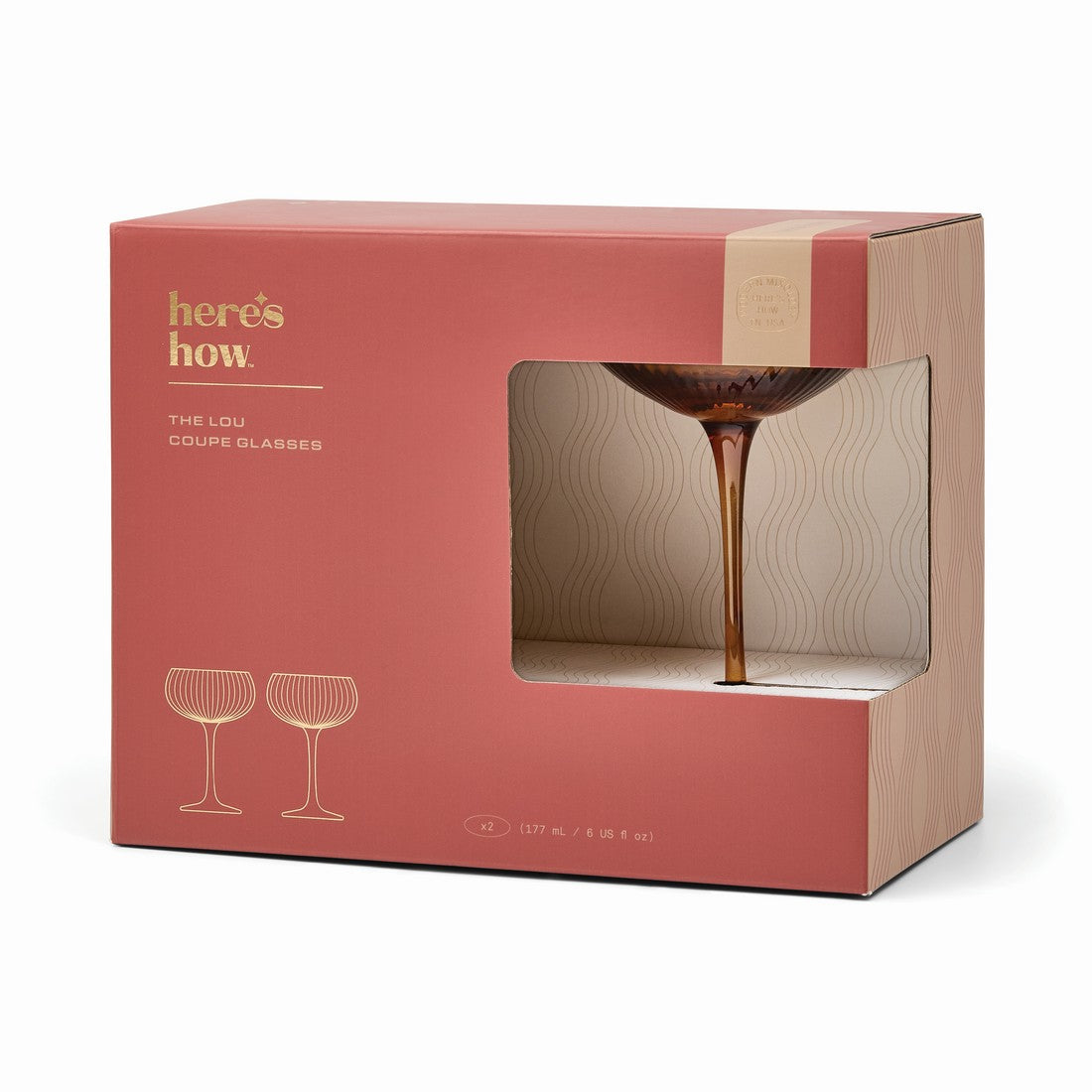 Σετ δύο premium ποτηριών coupe "The Lou" 177ml από τη Here & How σε ζεστή κεχριμπαρένια (amber) απόχρωση με ανάγλυφη ραβδωτή υφή και κομψό design.