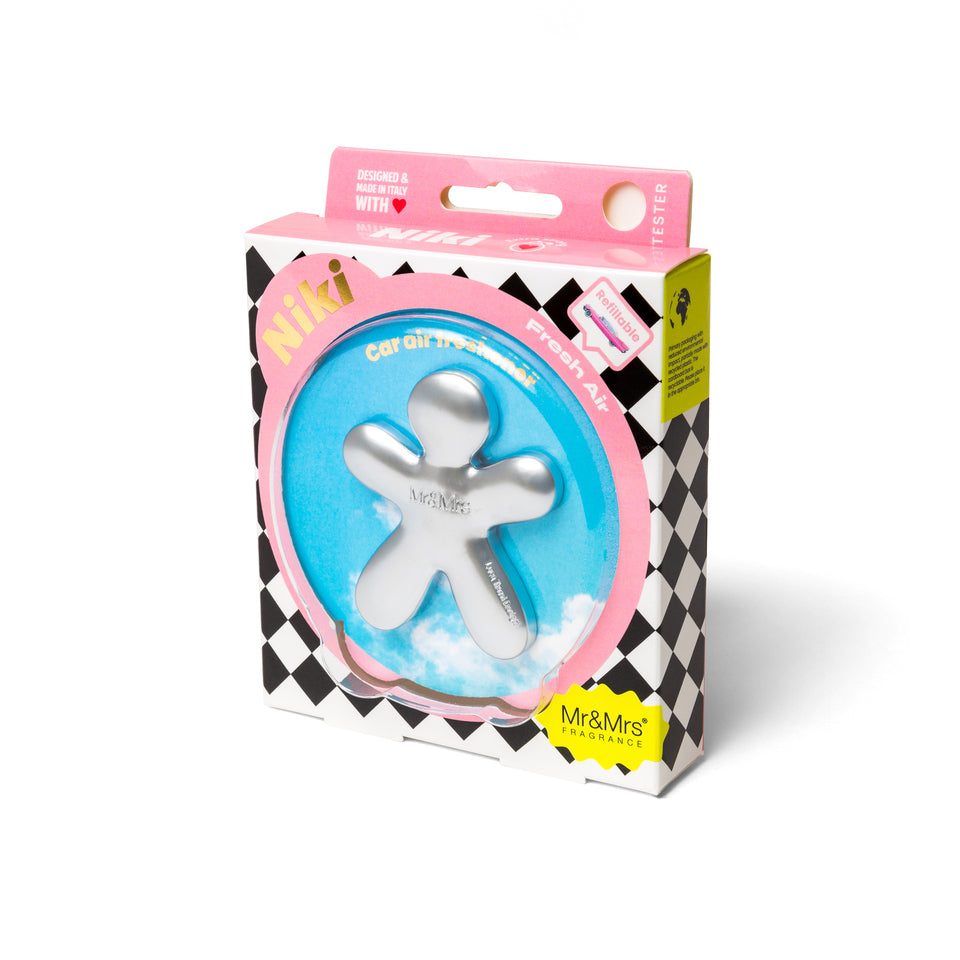 Niki Frosted Silver αρωματικό αυτοκινήτου σε σχήμα ανθρωπάκου με ματ ασημί φινίρισμα από την Mr & Mrs Fragrance με άρωμα Fresh Air και ανταλλακτικό.