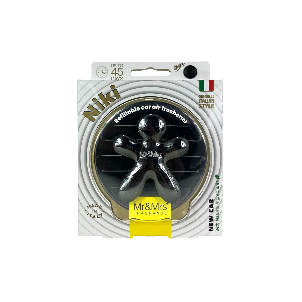 Niki Titanium Chrome αρωματικό αυτοκινήτου σε σχήμα ανθρωπάκου με μεταλλικό σκούρο γκρι titanium φινίρισμα από την Mr & Mrs Fragrance με άρωμα New Car και ανταλλακτικό.