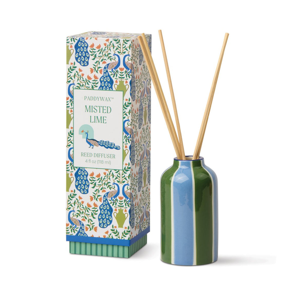 Χειροποίητο κεραμικό diffuser Paddywax A-Dopo με καλλιτεχνικό σχέδιο παγώνι, περιλαμβάνει στικς και άρωμα Misted Lime.