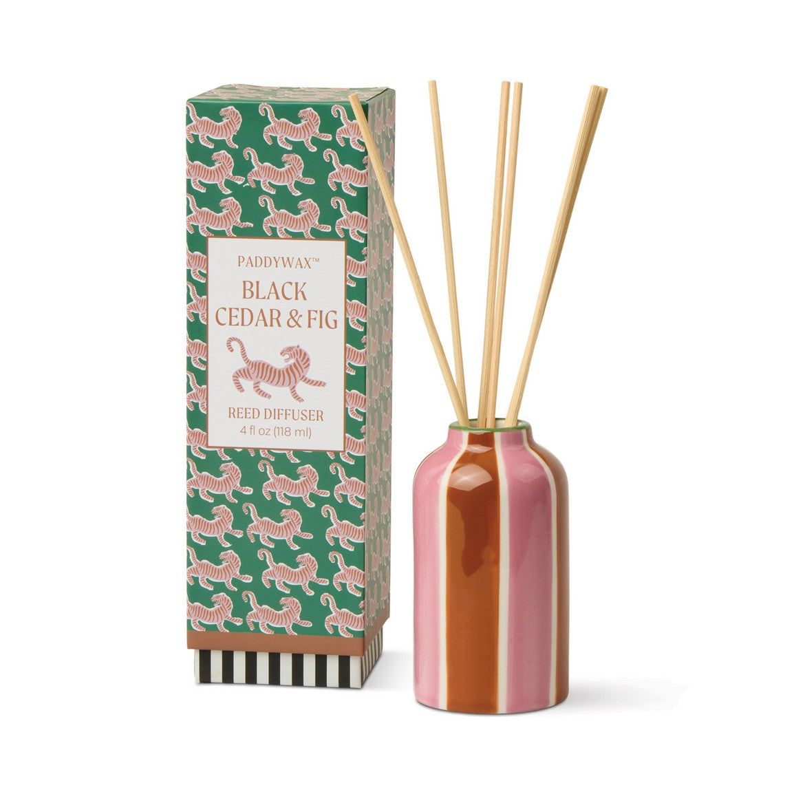 Χειροποίητο κεραμικό diffuser Paddywax A-Dopo με καλλιτεχνικό σχέδιο τίγρης, περιλαμβάνει στικς και άρωμα Black Cedar & Fig.