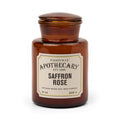 Αρωματικό κερί σόγιας Paddywax Apothecary Saffron Rose 226g σε κεχριμπαρένιο γυάλινο βάζο φαρμακείου.