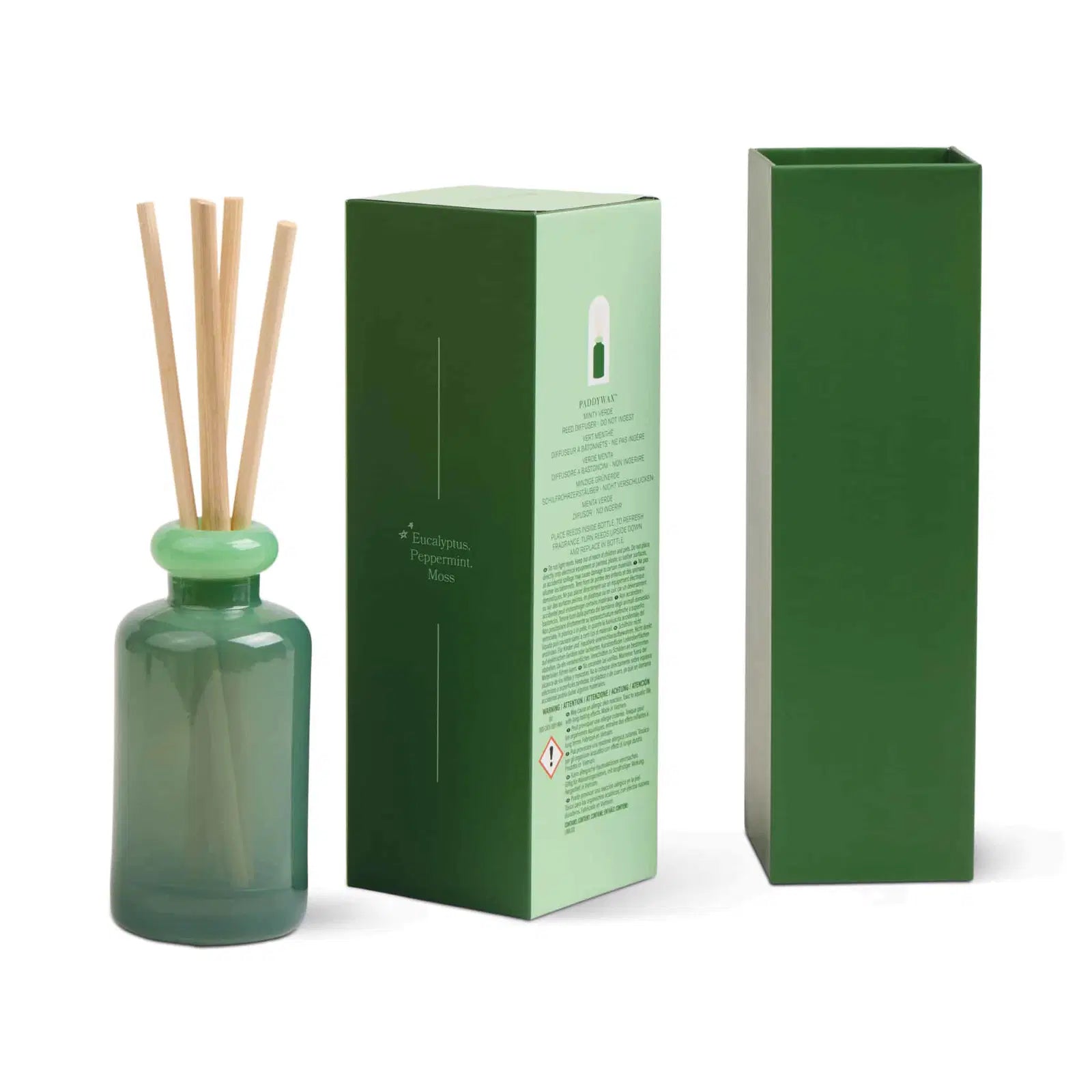 Μοντέρνο γυάλινο diffuser Paddywax Stacked σε δύο αποχρώσεις του πράσινου, περιλαμβάνει στικς και άρωμα Minty Verde