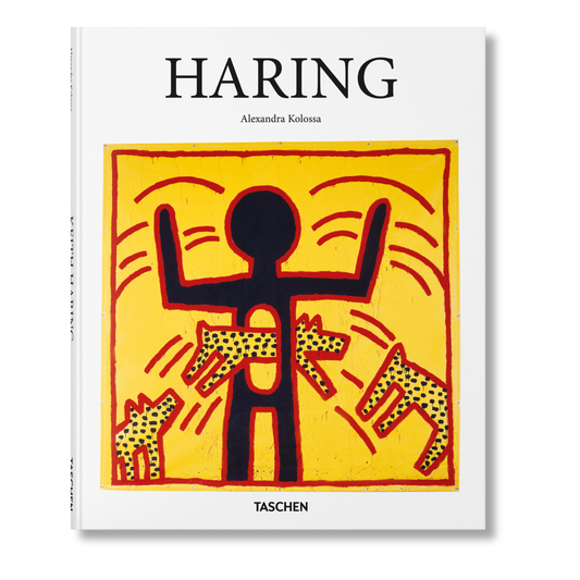 Το σκληρόδετο βιβλίο "Haring" από τη σειρά Basic Art Series του εκδοτικού οίκου TASCHEN, με έντονο, χαρακτηριστικό artwork του Keith Haring στο εξώφυλλο.