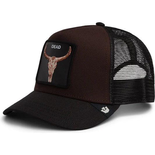 Μαύρο & Καφέ trucker καπέλο Goorin Bros. με κεντημένο patch νεκροκεφαλής (Dead Skull) και μαύρο δίχτυ