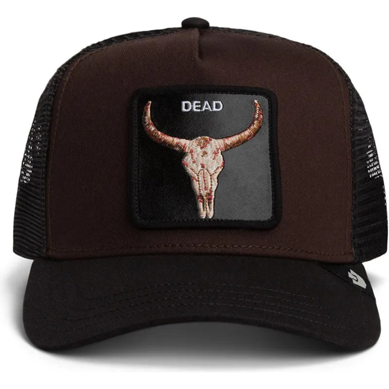 Μαύρο & Καφέ trucker καπέλο Goorin Bros. με κεντημένο patch νεκροκεφαλής (Dead Skull) και μαύρο δίχτυ